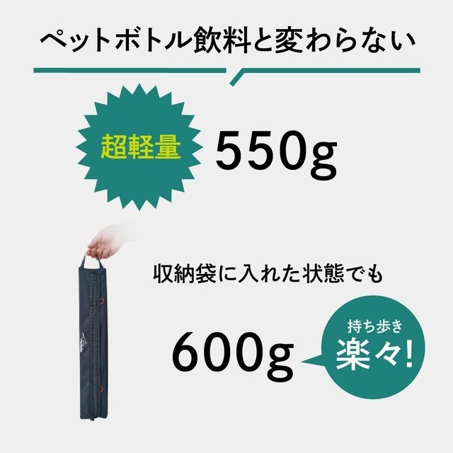 極めて軽量！本体重量わずか550g収納袋込みでも600g