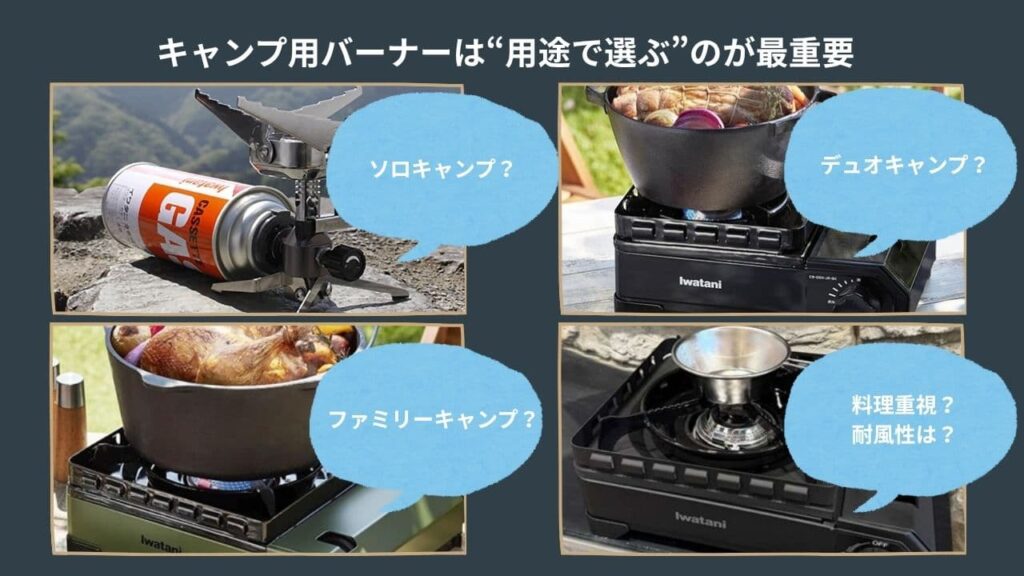 キャンプ用バーナーは“用途で選ぶ”際の問いかけイメージ画像