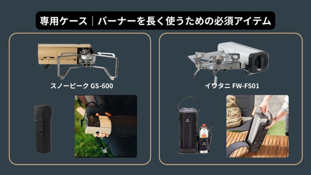 専用ケースは運搬時のガチャつきを抑え、バーナーを長く使うための必須アイテム