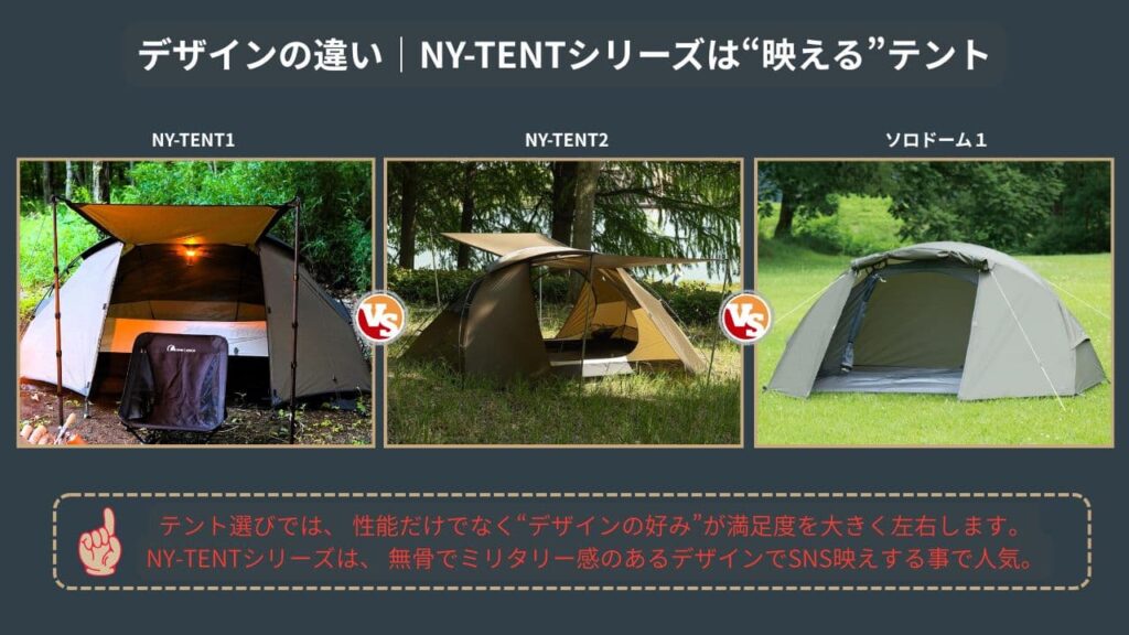 テントは性能だけでなく“デザインの好み”が満足度を大きく左右。NY‑TENT1と2は無骨でSNS映えすると人気です。