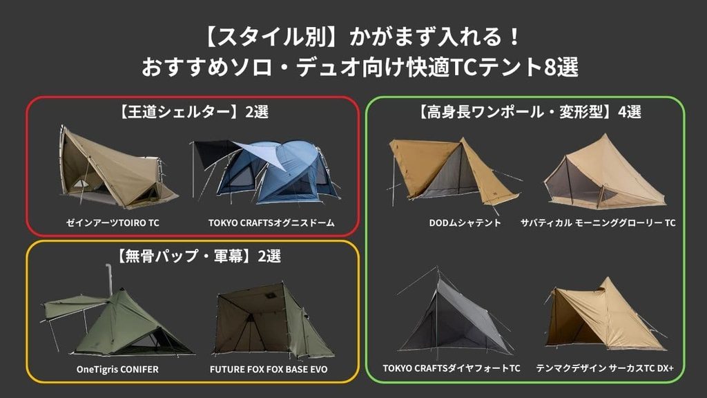 【スタイル別】かがまず入れる!おすすめソロ・デュオ向け快適TCテント8選のテント画像