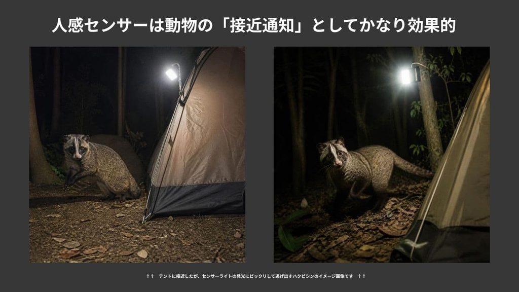 テントに接近したが、センサーライトの発光にビックリして逃げ出すハクビシンのイメージ画像