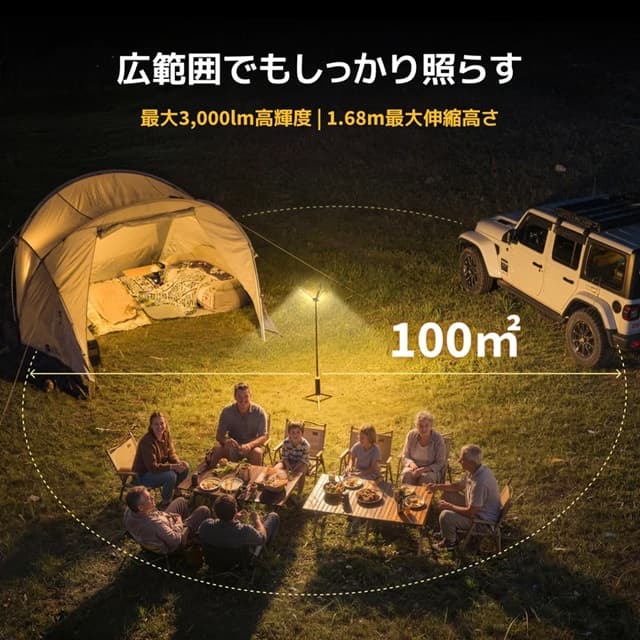 3000lmの高輝度と1.68mの最大伸縮で約100㎡の広範囲も照らせるT1