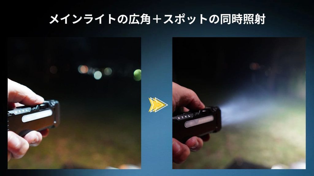 WUBEN X4メインライトの広角+スポットの同時照射